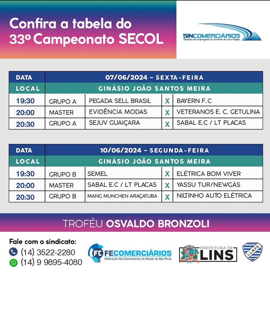 33º Campeonato SECOL | Fique atento, começa hoje, sexta-feira, 7 de junho