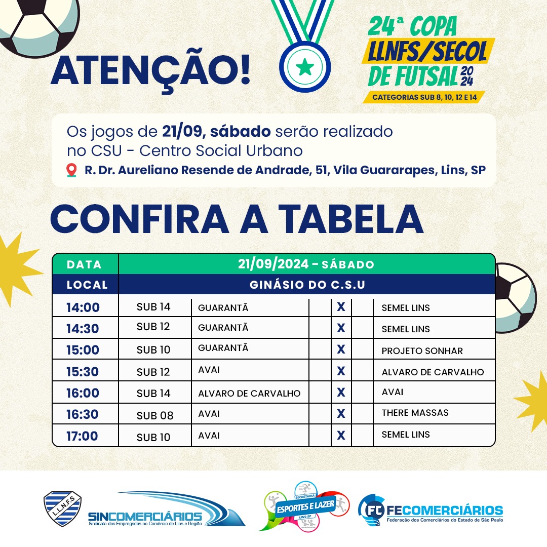 24° Copa LLNFS/SECOL de Futsal 2024 | Confira os jogos de 21/09, sábado. Participe!