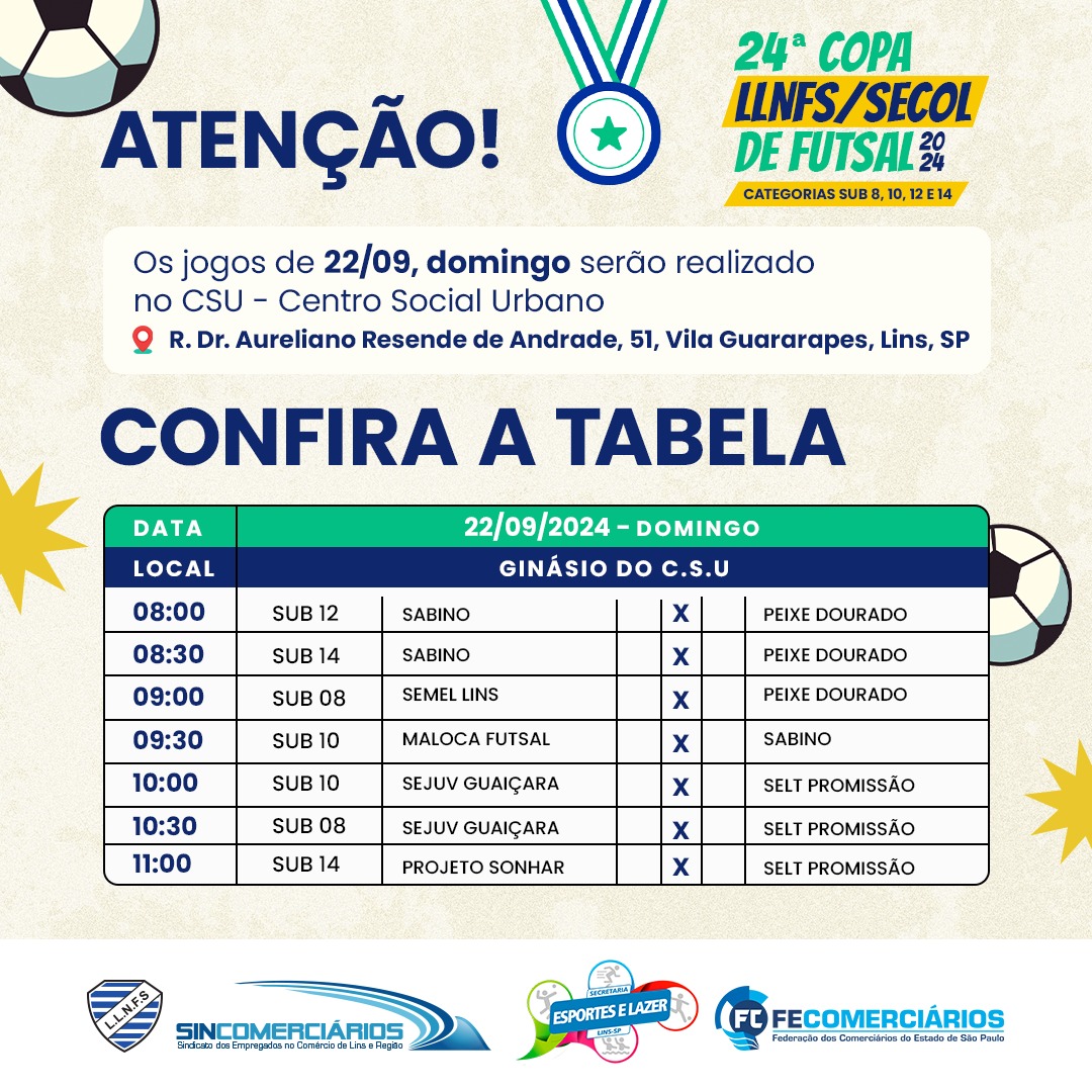 24° Copa LLNFS/SECOL de Futsal 2024 | Confira os jogos de 22/09, domingo. Participe!