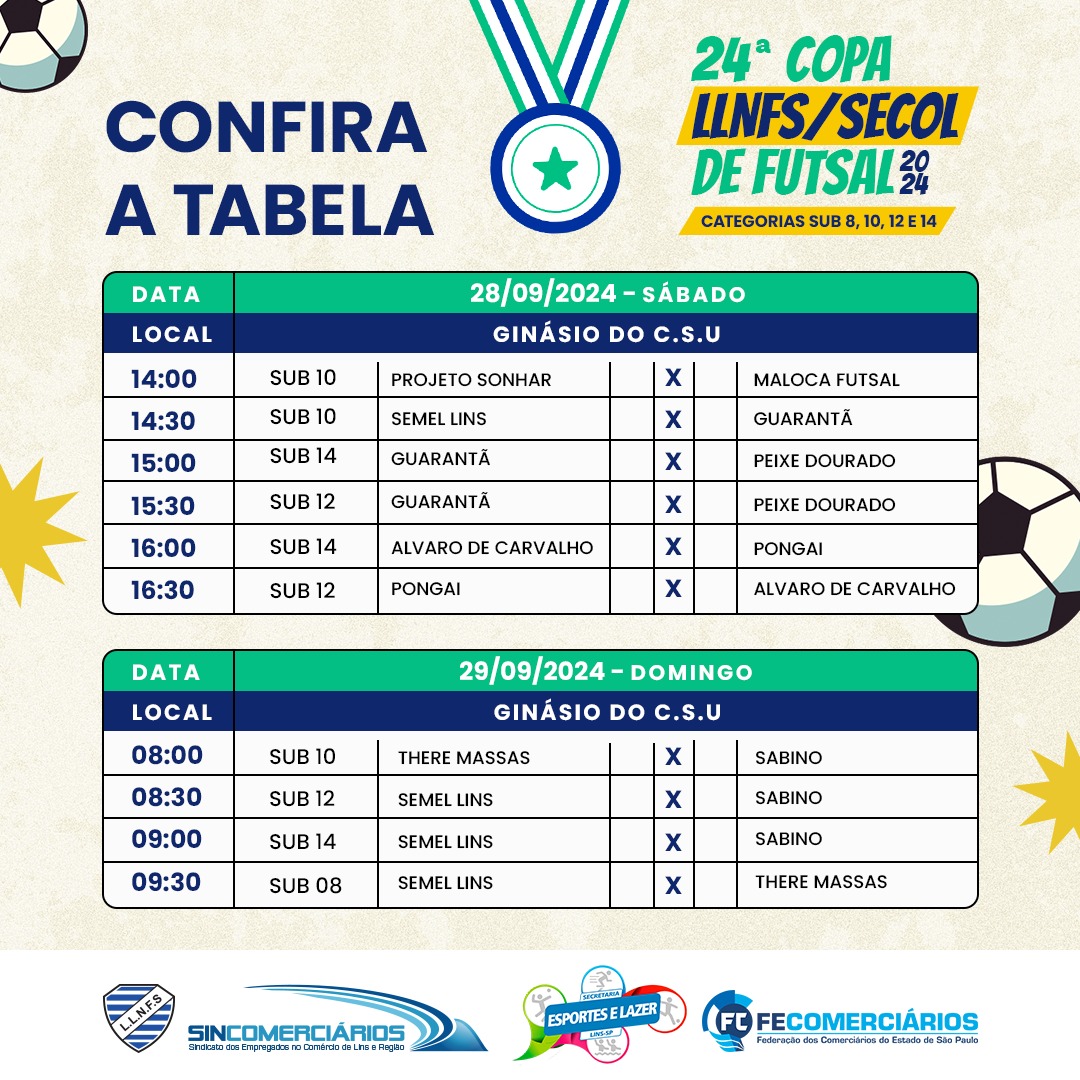 24° Copa LLNFS/SECOL de Futsal 2024 | Confira os jogos de 28/09, sábado e 29/09, domingo. Participe!