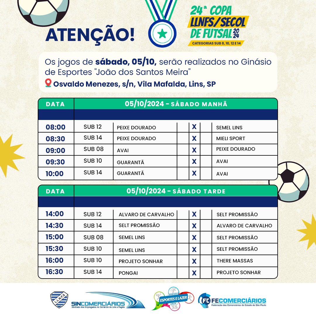 24° Copa LLNFS/SECOL de Futsal 2024 | Confira os jogos de 05/10, sábado. Participe!