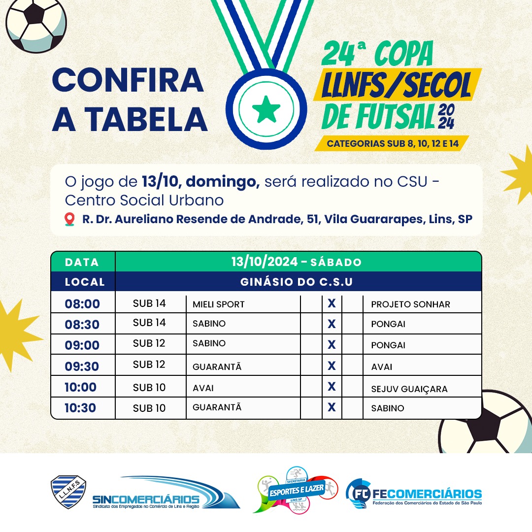 24° Copa LLNFS/SECOL de Futsal 2024 | Confira os jogos de 13/10, domingo. Participe!