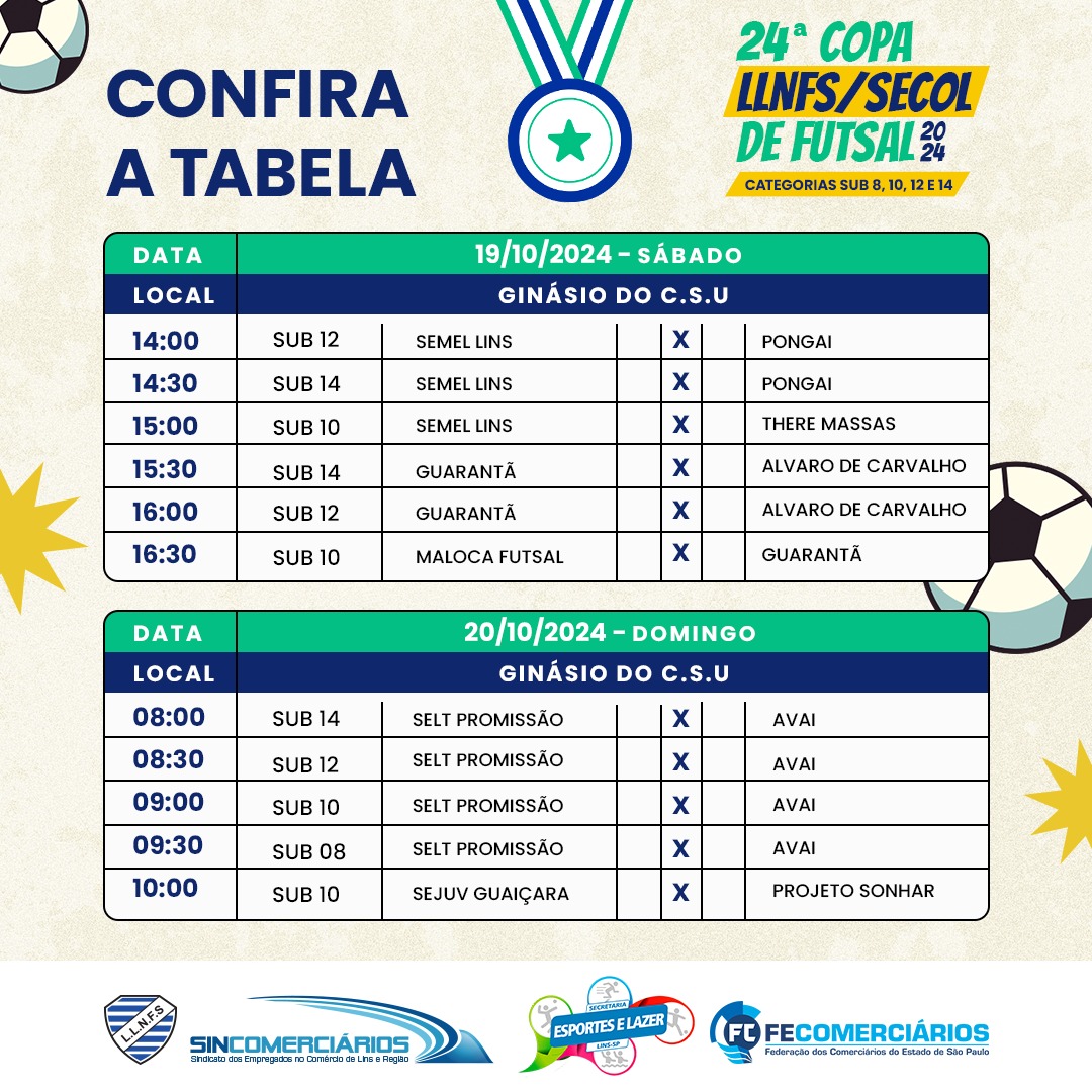 24° Copa LLNFS/SECOL de Futsal 2024 | Confira os jogos dos dias 19/10, sábado e 20/10, domingo. Participe!