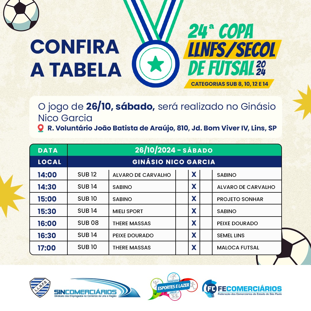 FIQUE ATENTO AO LOCAL DOS JOGOS | 24° Copa LLNFS/SECOL de Futsal 2024 - 26/10