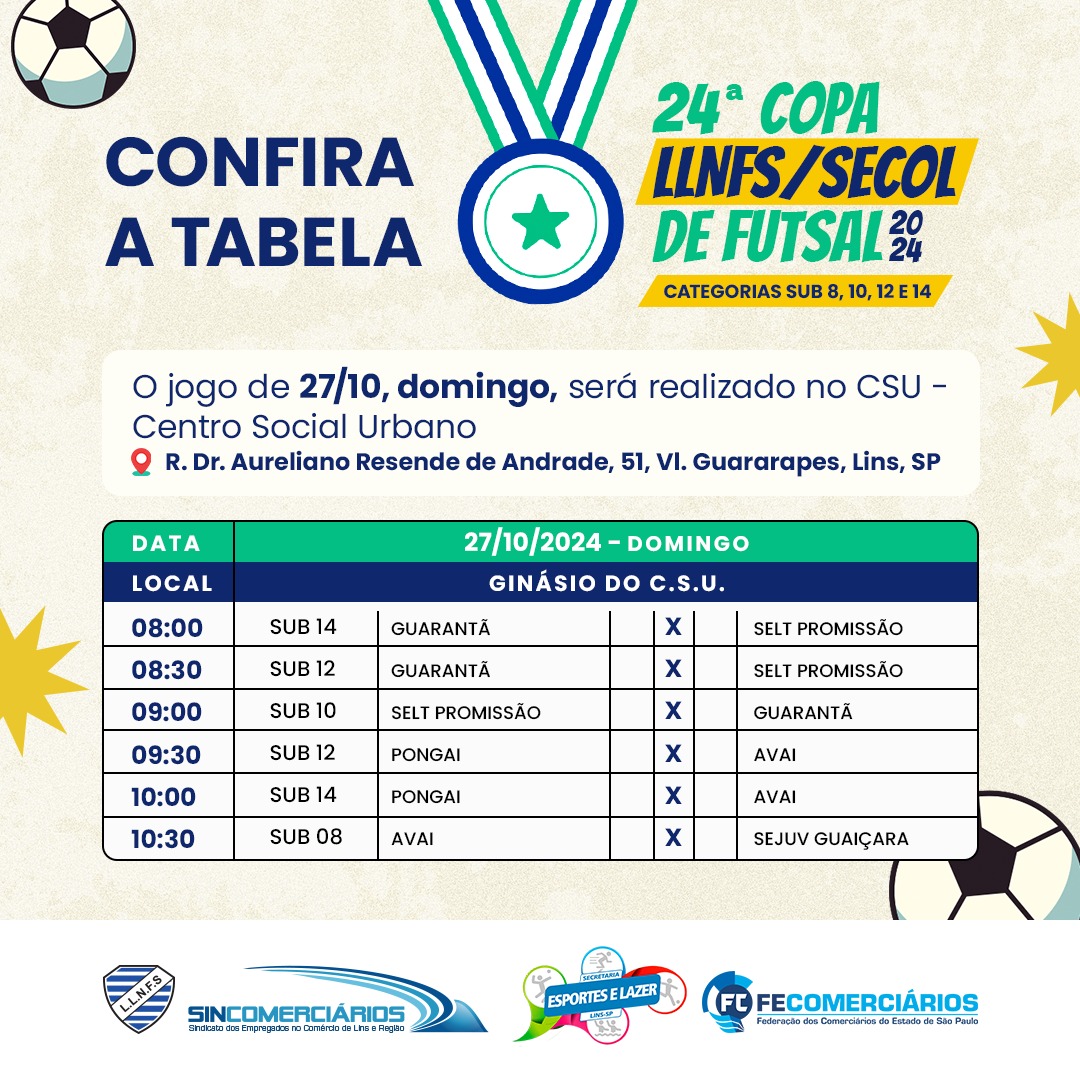 FIQUE ATENTO AO LOCAL DOS JOGOS | 24° Copa LLNFS/SECOL de Futsal 2024, confira os jogos de 27/10, domingo