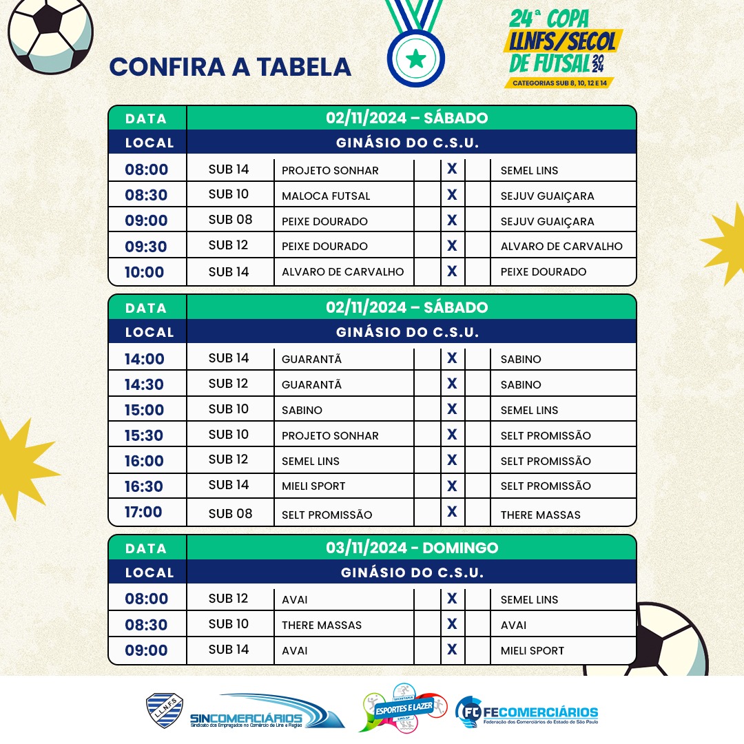 PRÓXIMOS JOGOS | Confira a tabela dos jogos de 02/11, sábado e 03/11, domingo. 